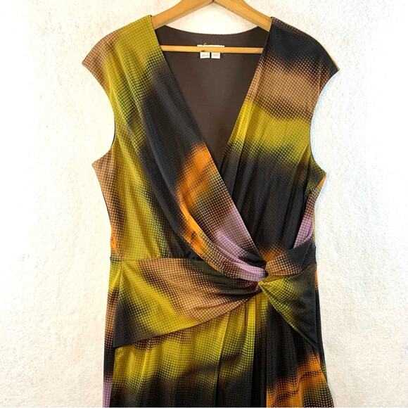 London Times Psychedelic Midi Dress Sz 14 Retro Disco Cyber Faux Wrap Office - Picture 2 of 16